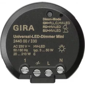 GIRA 244000 Universalus LED reguliatoriaus modulis, įleidžiamas, elektroninis, 230 V AC, 3-100 W LED / 20-200 W halogenų, fazės valdymas, švelnus paleidimas, atminties funkcija