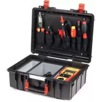 Wiha PAT one Gerätetester-Set VDE-Norm 0701-0702 (47220) nešiojamas prietaisų testeris su spalvotu LCD, Bluetooth, USB-C, ličio jonų baterija, matavimo laidais, krokodilų spaustukais, lagaminu