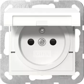 Gira 448803 Schuko lizdas su atlenkiamu dangteliu, įžeminimo kontaktu, System 55, blizgiai balta