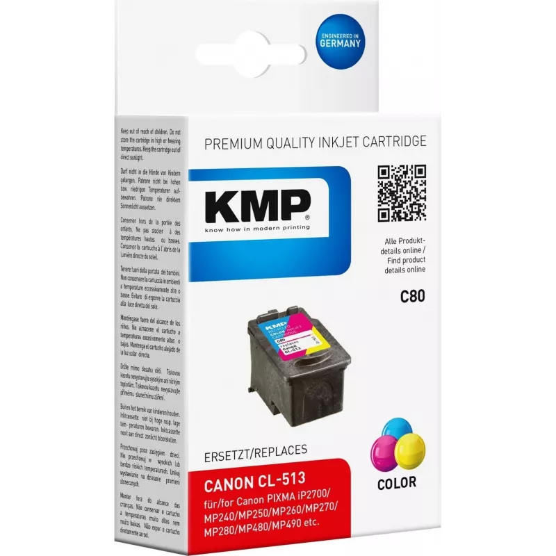 KMP C80 trijų spalvų rašalo kasetė (žydra, purpurinė, geltona) - 13 ml - Suderinama su Canon PIXMA MP230, MP252, MP258, MP272, MP280, MP282, MP495, MP499, MX360, MX410, MX420 1512.4530