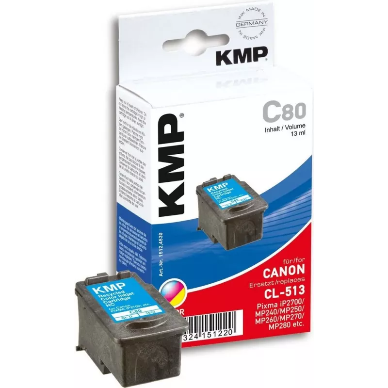 KMP C80 trijų spalvų rašalo kasetė (žydra, purpurinė, geltona) - 13 ml - Suderinama su Canon PIXMA MP230, MP252, MP258, MP272, MP280, MP282, MP495, MP499, MX360, MX410, MX420 1512.4530