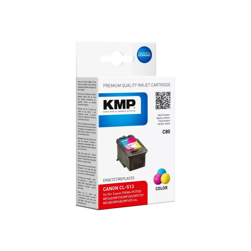 KMP C80 trijų spalvų rašalo kasetė (žydra, purpurinė, geltona) - 13 ml - Suderinama su Canon PIXMA MP230, MP252, MP258, MP272, MP280, MP282, MP495, MP499, MX360, MX410, MX420 1512.4530