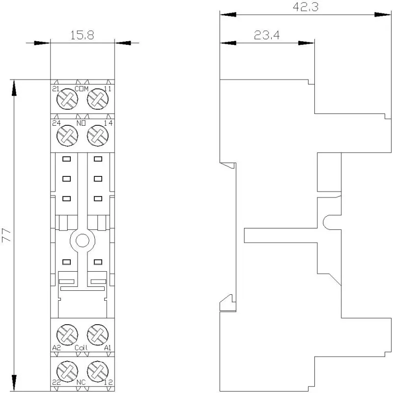 Siemens LZS:RT78725 relės lizdas 15 mm SIRIUS RT serijos relėms, varžtiniai gnybtai, DIN bėgio montavimas, juodas