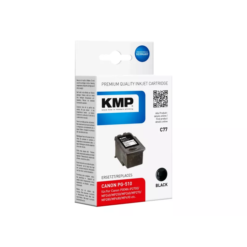 KMP C77 juoda suderinama rašalo kasetė 9 ml, skirta Canon PIXMA MP230 MP237 MP252 MP258 MP270 MP282 MP499 MX350 MX360 MX410 MX420, 1511.4001