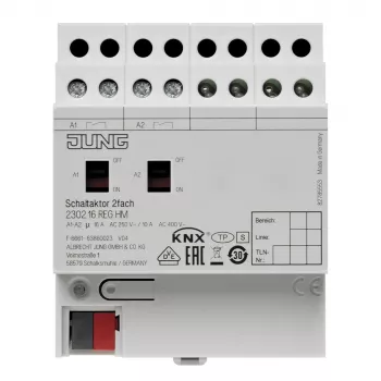 Jung KNX perjungimo aktorius, 2 kanalų, 16 A, 230 V AC, DIN bėgelis, 2 TE 2302.16REGHM