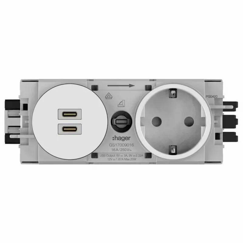 Hager Winsta įleidžiamas SCHUKO lizdas su 2x USB-C PD 20W įkrovikliu, grynai balta GS17009016