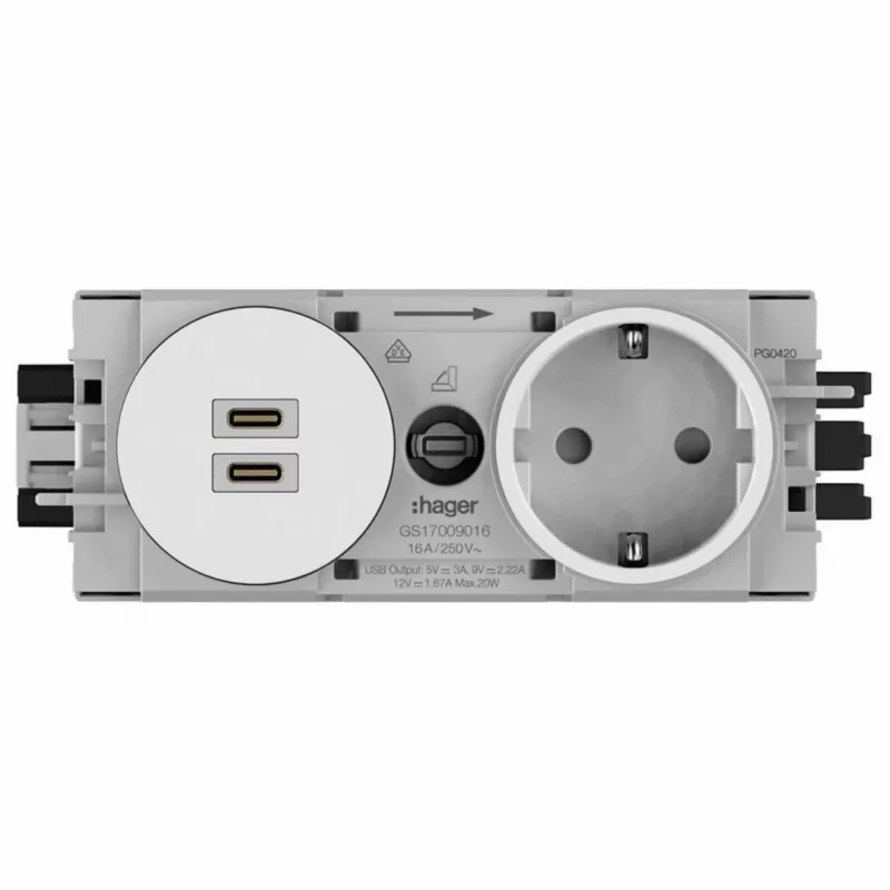 Hager Winsta įleidžiamas SCHUKO lizdas su 2x USB-C PD 20W įkrovikliu, grynai balta GS17009016