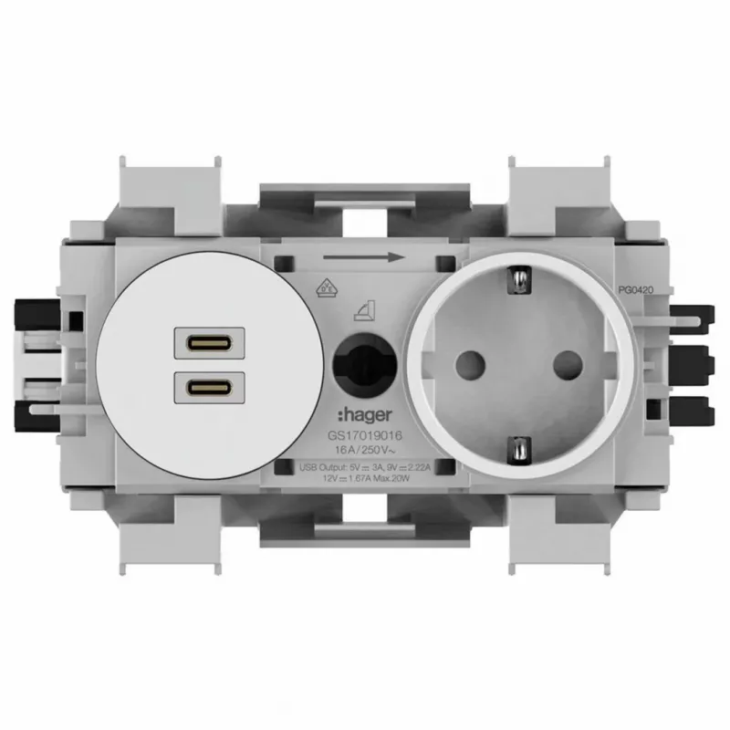 Hager Winsta Schuko lizdas su dvigubu USB-C PD 20W įkrovikliu, poliarinė balta GS17019016