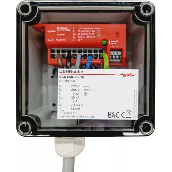 DEHN DEHNcube EMOB 2 tipo viršįtampių apsaugos įtaisas elektromobilių AC įkrovimo stotelėms, 2 poliai, 230 V, 40 kA, IP65, M25 kabelio įvadas 900901