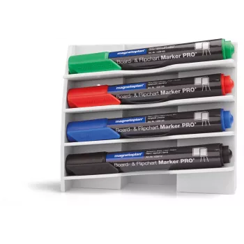 MAGNETOPLAN HOLTZ plastikinis laikiklis 4 lentos markeriams, magnetinis, su pakreipimu, kad neišdžiūtų, baltas (12294)