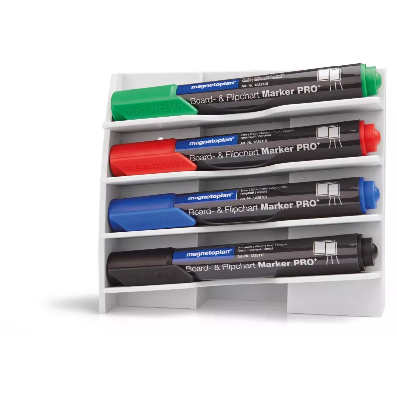 MAGNETOPLAN HOLTZ plastikinis laikiklis 4 lentos markeriams, magnetinis, su pakreipimu, kad neišdžiūtų, baltas (12294)