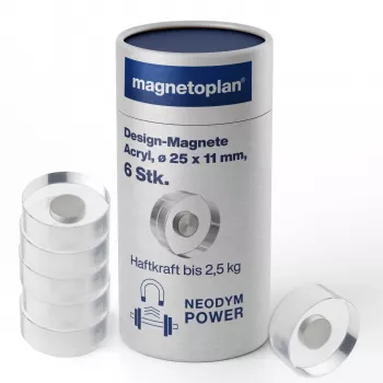 MAGNETOPLAN HOLTZ magnetoplan dizaino magnetukai, 25 mm, 6 vnt. neodimio magnetukų su permatomu akrilo koteliu, poliruoti (1680025)