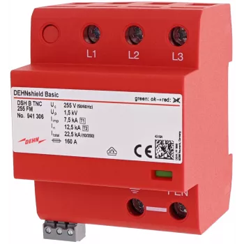 DEHN DSH B TNC 255 FM 1+2 tipo kombinuotasis viršįtampių ribotuvas TN-C sistemoms, 3 polių, 255 V AC, 25 kA (10/350 µs), nuotolinio signalizavimo kontaktas, 941306