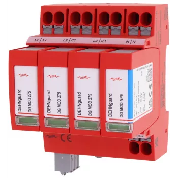 DEHN DEHNguard MP TT 275 FM Type 2 viršįtampių ribotuvas, 4 polių, 275 V AC, DIN bėgelio montavimas, su nuotolinio signalizavimo kontaktu 942315