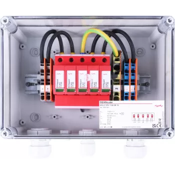 DEHN DCU 2 YPV 1100 2M 1S 2 tipo viršįtampių apsaugos įtaisas fotovoltinėms sistemoms, 2 MPPT, 1 eilutė vienam MPPT, 1100 V DC, IP65 korpusas 900921
