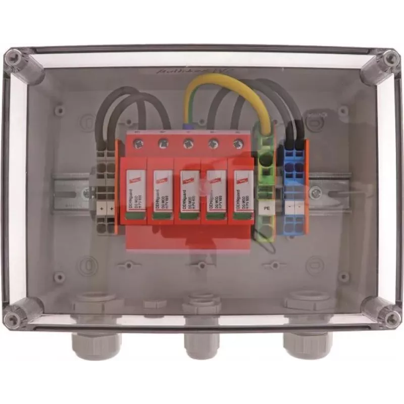 DEHN DCU 2 YPV 1100 2M 1S 2 tipo viršįtampių apsaugos įtaisas fotovoltinėms sistemoms, 2 MPPT, 1 eilutė vienam MPPT, 1100 V DC, IP65 korpusas 900921