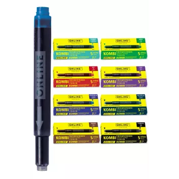 ONLINE Universal rašalinės kasetės plunksnakočiams, 6 skirtingų spalvų (karališkoji mėlyna, juoda, ruda, naktinė mėlyna, violetinė, raudona), standartinės tarptautinės trumpos 70057