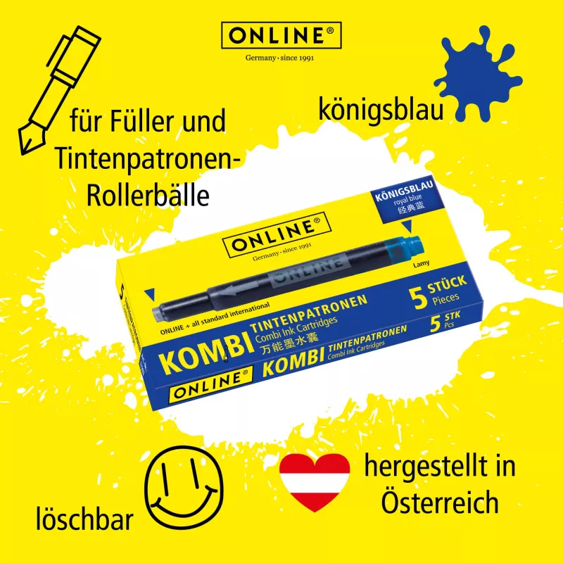 ONLINE Kombi rašalinės kasetės plunksnakočiams, mėlynos, 40 vnt. (70049)