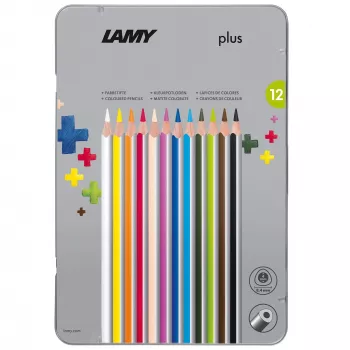 LAMY plus trikampio formos spalvoti pieštukai, 12 vienetų metaliniame dėkle, ergonomiškas trikampis korpusas, matinis paviršius, nelūžtantys švinukai 1222009