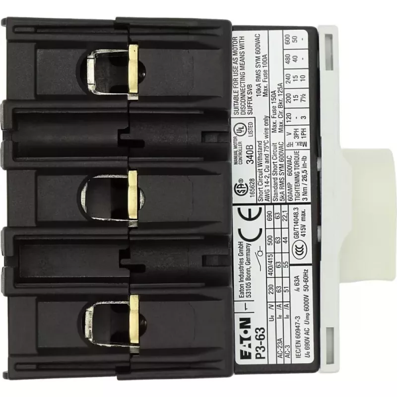 Eaton P3-63/M4/SVB pagrindinis jungiklis, 3 polių, 63A, 690V AC, paviršinio montavimo, 172784