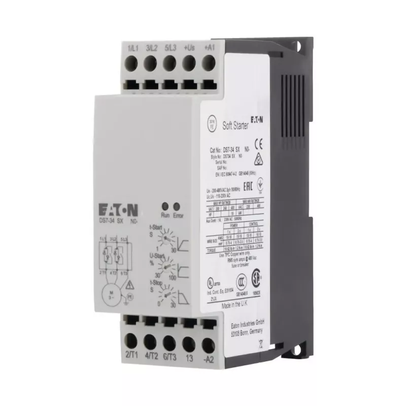 Eaton DS7-340SX009N0-N švelnaus paleidimo įtaisas, 9 A, 4 kW, 200-460 V AC, 24 V AC/DC valdymas, pilkas 134910