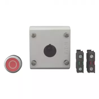 Eaton M22-D-R-X0/KC11/I mygtuko akturatorius su kontaktų bloku, raudonas, titano spalvos, plastikinis, IP66/IP67/IP69 216521