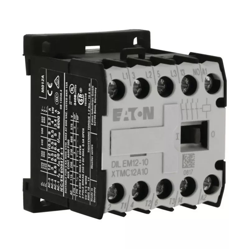 Eaton DILEM12-10 mini kontaktorius, 3 polių, 12 A, 230 V 50 Hz / 240 V 60 Hz ritė, 1 NO pagalbinis kontaktas, IP20, juodas/baltas 127075