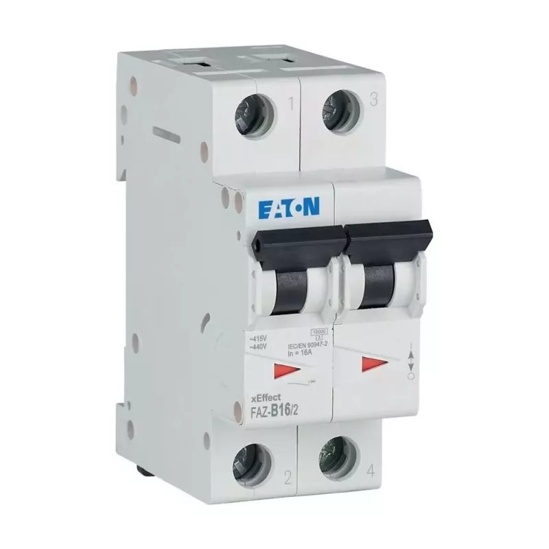 Eaton FAZ-B16/2 automatinis grandinės pertraukiklis (MCB), 2 polių, 16 A, B tipo, 230/400 V AC, 10 kA, DIN bėgiui 278734
