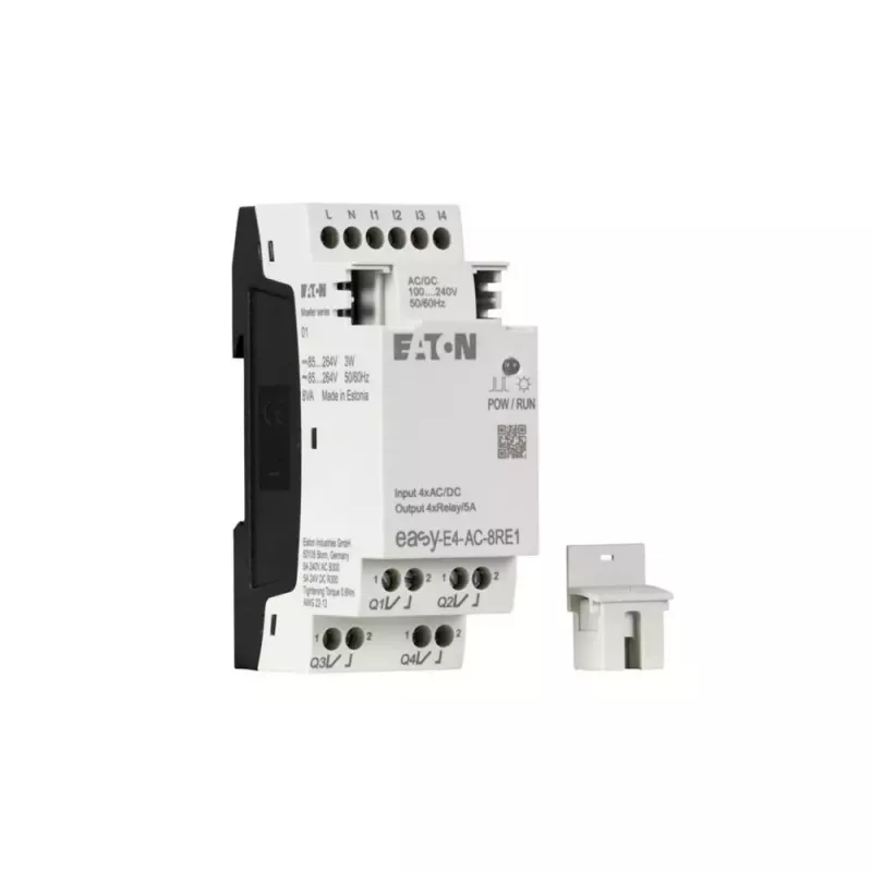 Eaton easyE4 AC išplėtimo modulis, 4 skaitmeniniai įėjimai, 4 relių išėjimai, 100-240 V AC, DIN bėgelis EASY-E4-AC-8RE1