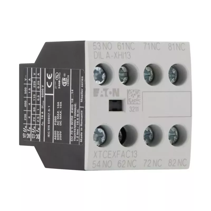 Eaton DILA-XHI13 pagalbinis kontaktų blokas, 4 polių, 1NO+3NC, varžtiniai gnybtai, priekinis montavimas, skirta DILM7-DILM38 kontaktoriams, juodas/baltas 276425