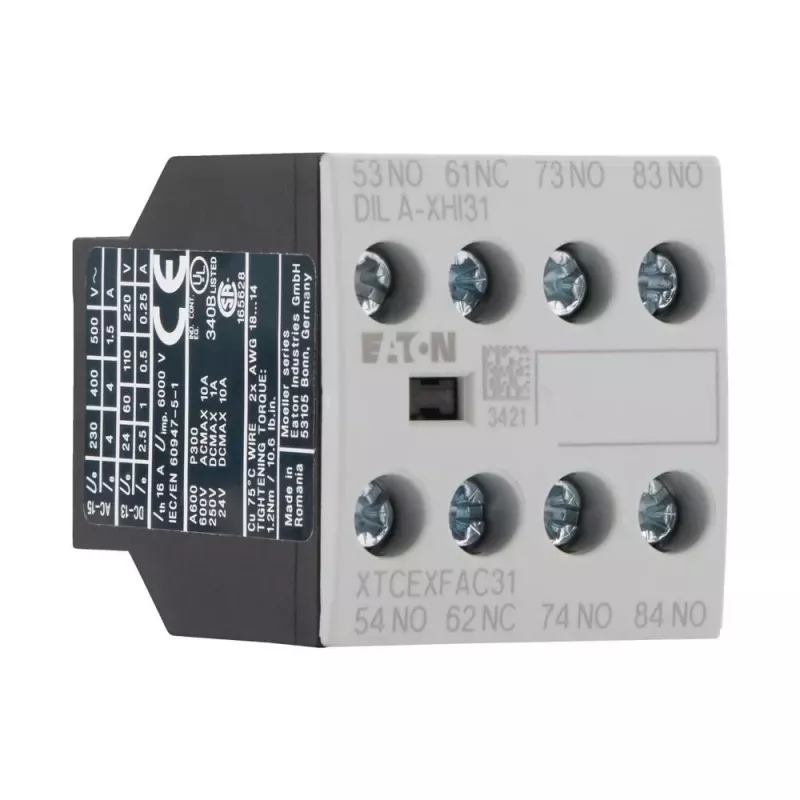 Eaton DILA-XHI31 pagalbinis kontaktų blokas, 3 NO + 1 NC, varžtiniai gnybtai, priekinis montavimas, juodas/baltas 276427