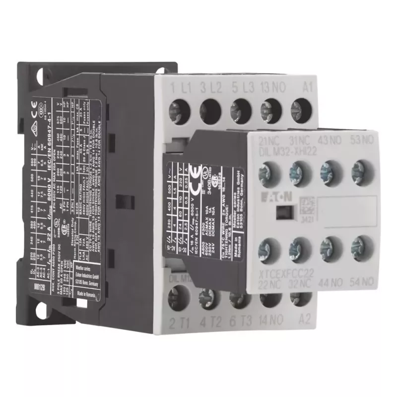 Eaton DILM12-32(24VDC) galios kontaktorius, 3 polių, 12 A, 24 V DC ritė, 1 NO + 2 NC, varžtiniai gnybtai, IP20, DIN bėgelio / varžtinis montavimas 276950