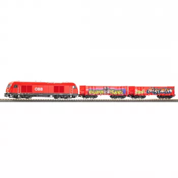 PIKO 57033 H0 vaikų pradiniam rinkinys ÖBB krovininis traukinys Rh 2016 su dviem Eaos atvirais vagonais