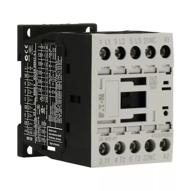 Eaton DILM15-01 24VDC 3 polių kontaktorius, 1 NC pagalbinis kontaktas, 15 A AC-3, DIN bėgelis / varžtinis tvirtinimas 290108