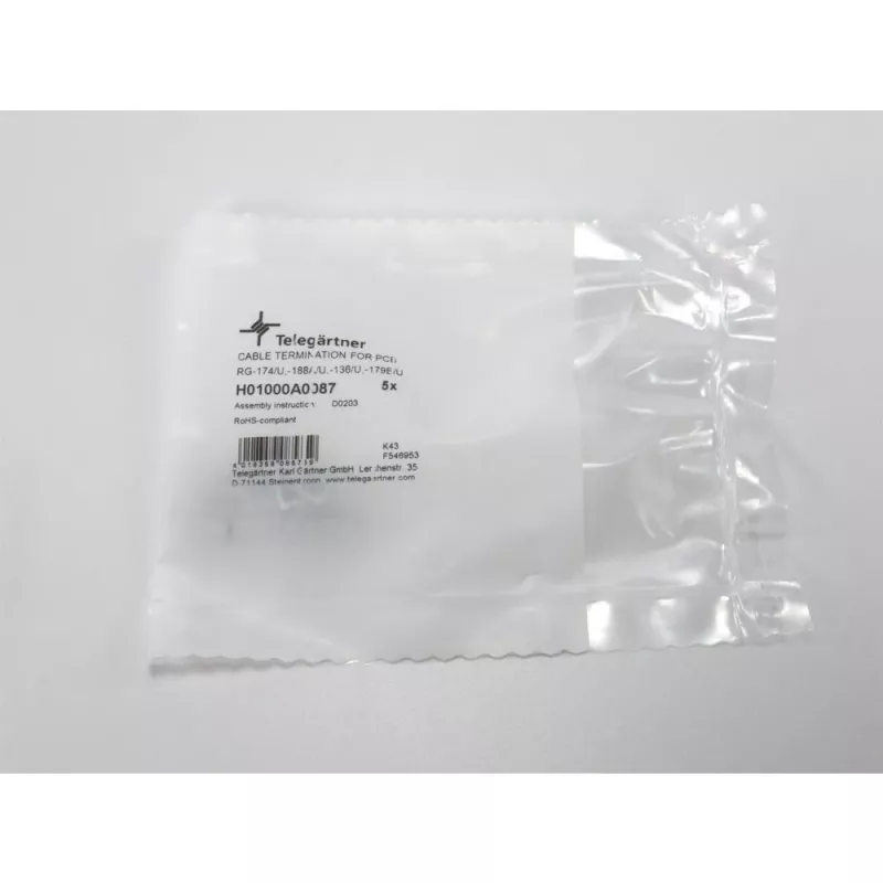 Telegärtner G07 PCB koaksialinis jungtis, lituojama/čiaupiama, 50 omų, auksuota, skirta RG-316/U, 5 vnt. pakuotė H01000A0087