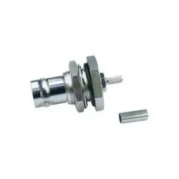 Telegärtner BNC kištukinis lizdas, tvirtinamas skydelyje, crimp/crimp, 50 omų, RG-316/U, nikelis/auksas