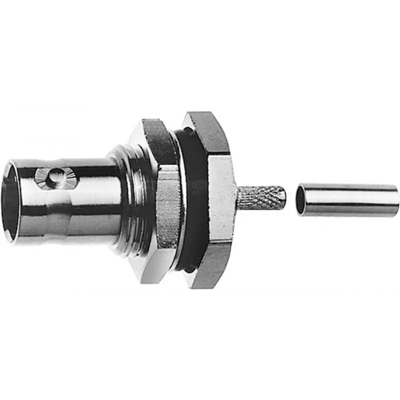 Telegärtner BNC kištukinis lizdas, tvirtinamas skydelyje, crimp/crimp, 50 omų, RG-316/U, nikelis/auksas