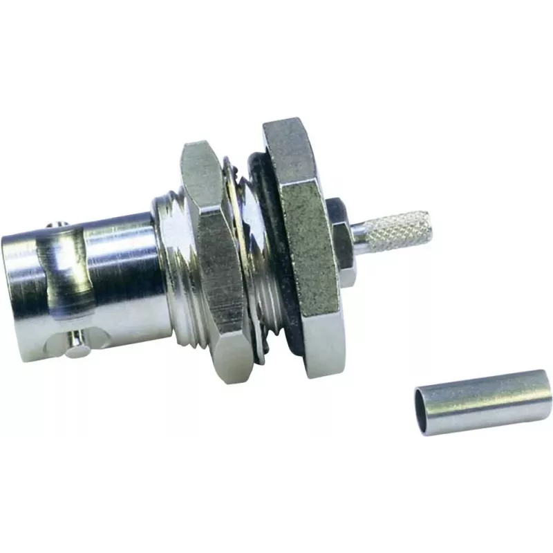 Telegärtner BNC kištukinis lizdas, tvirtinamas skydelyje, crimp/crimp, 50 omų, RG-316/U, nikelis/auksas
