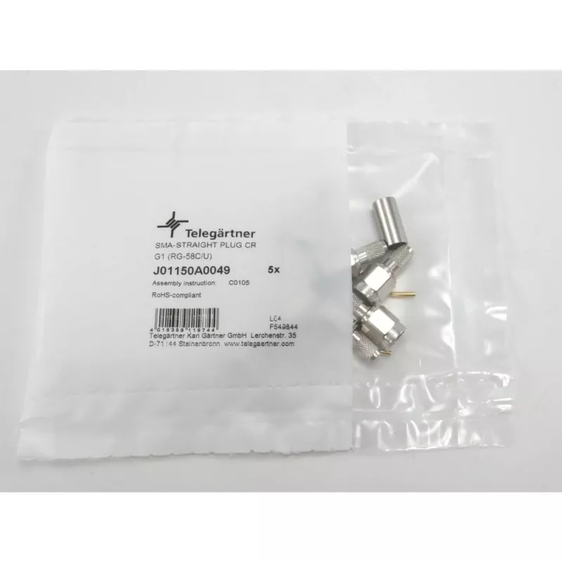 Telegärtner SMA jungtis, tiesus kištukas, 50 omų, crimp/lydymas, skirta RG-58, RG-142, RG-223, LMR-240, J01150A0049