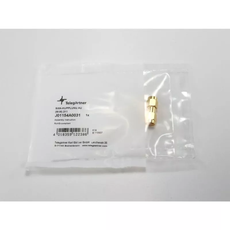 TELEGÄRTNER SMA male to SMA male koaksialinis adapteris, 50 omų, DC-18 GHz, paauksuotas žalvaris