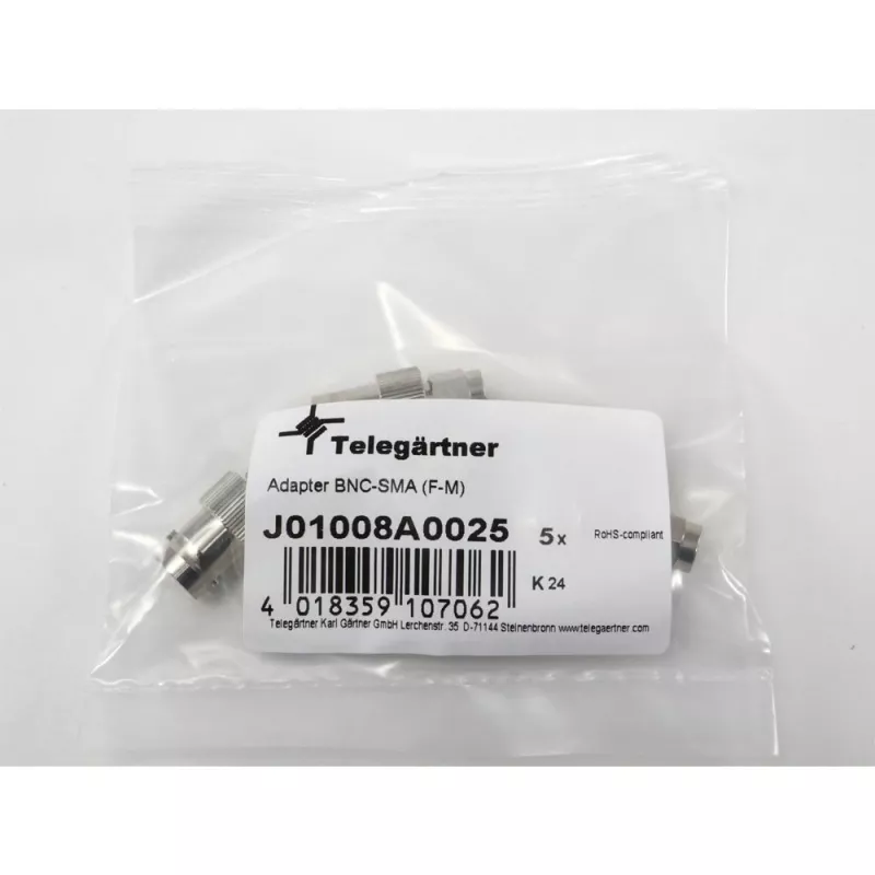 Telegärtner BNC lizdas – SMA kištukas RF koaksialinis adapteris, 50 omų, DC–4 GHz, nikeliuotas žalvaris, J01008A0025