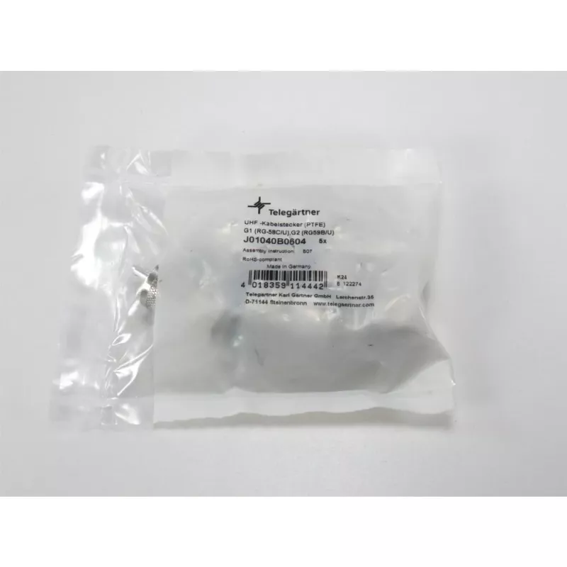 Telegärtner UHF kištukas PL259/6, skirtas RG-58 C/U ir RG-59 B/U kabeliams, PTFE izoliacija, nikeliuotas korpusas, sidabrinis kontaktas, 5 vnt. (J01040B0604)