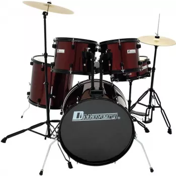 Dimavery DS-200 būgnų rinkinys, vyno raudonos spalvos, su bosinio būgno pedalu ir lėkštėmis