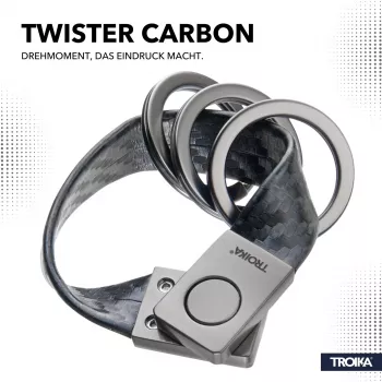 TROIKA TWISTER CARBON raktų pakabukas su traukimo ir sukimo mechanizmu, chromuotas metalas ir anglies pluoštas, 4 skeltukai KRG649/CB