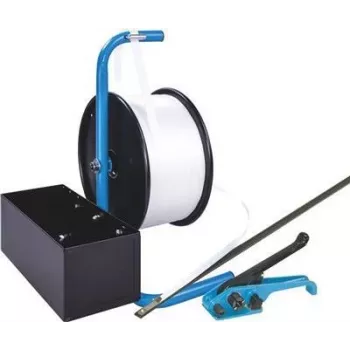 Banholzer & Wenz poliesterio pakavimo komplektas su mobiliuoju dozatoriumi, 19 mm x 600 m, su 1000 vielinėmis sagtims 17066