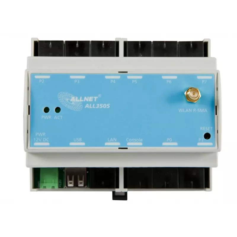 ALLNET ALL3505v2 IP pastatų automatizavimo valdiklis su 8 jutiklių prievadais, DIN bėgio montavimas