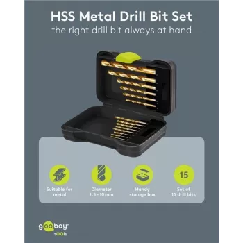 Goobay 77850 HSS metalo grąžtų rinkinys, 15 dalių, 1,5–10 mm, DIN 338, dėkle