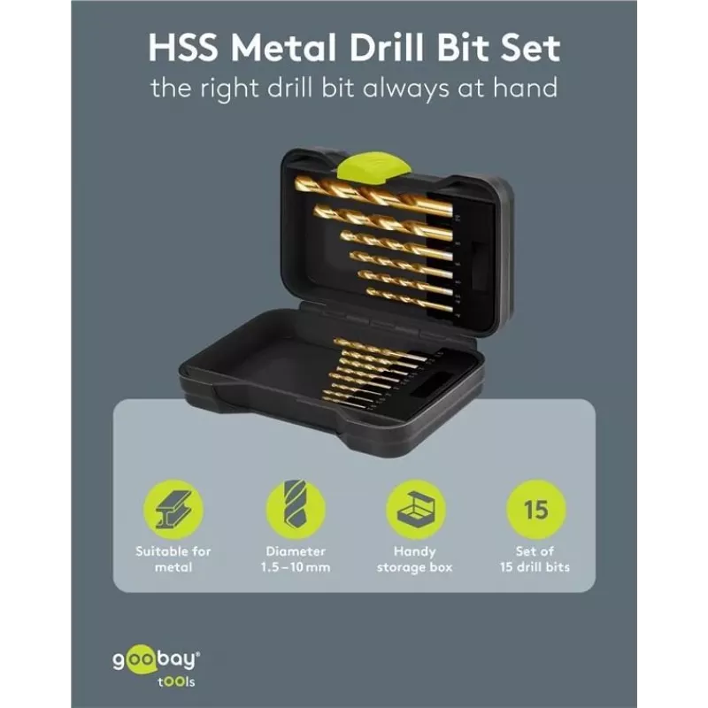 Goobay 77850 HSS metalo grąžtų rinkinys, 15 dalių, 1,5–10 mm, DIN 338, dėkle