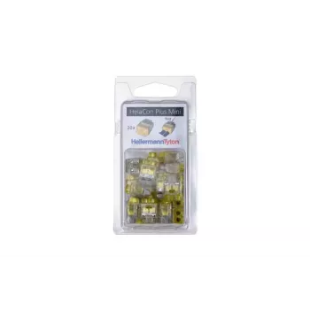 HellermannTyton HelaCon Plus Mini HCPM-2 įspaudžiamoji laidų jungtis, 2 polių, 0,5–2,5 mm², permatoma/geltona, 20 vnt. pakelis 148-90054