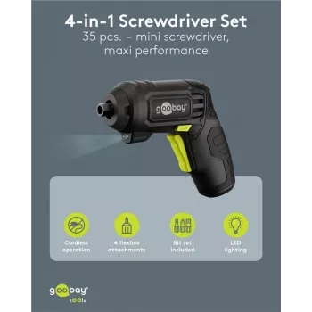Goobay 4-in-1 mini akumuliatorinis atsuktuvas, 35 dalių rinkinys, pistoletinė rankena, 3,6 V Li-Ion, USB-C įkrovimas, 5 Nm, 200 aps./min., su 4 priedais ir 28 antgaliais 77817